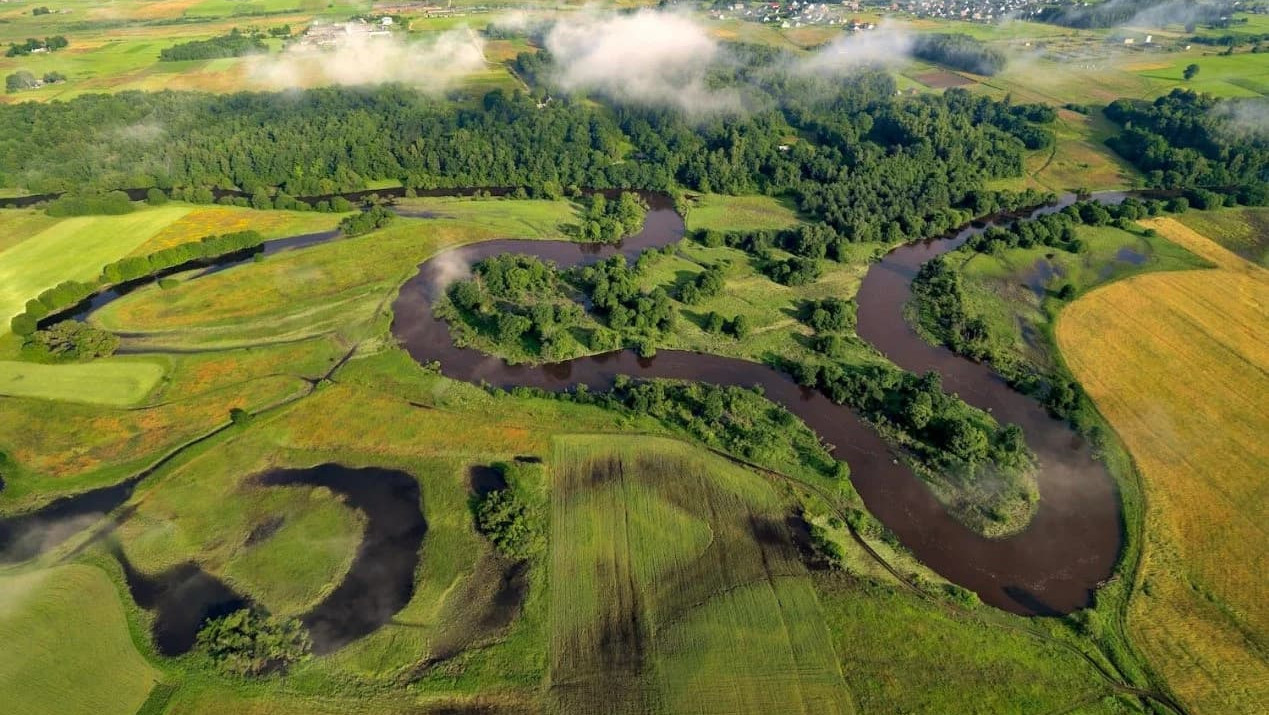 Paysage de bassin versant où l’eau circule lentement entre prairies et méandres